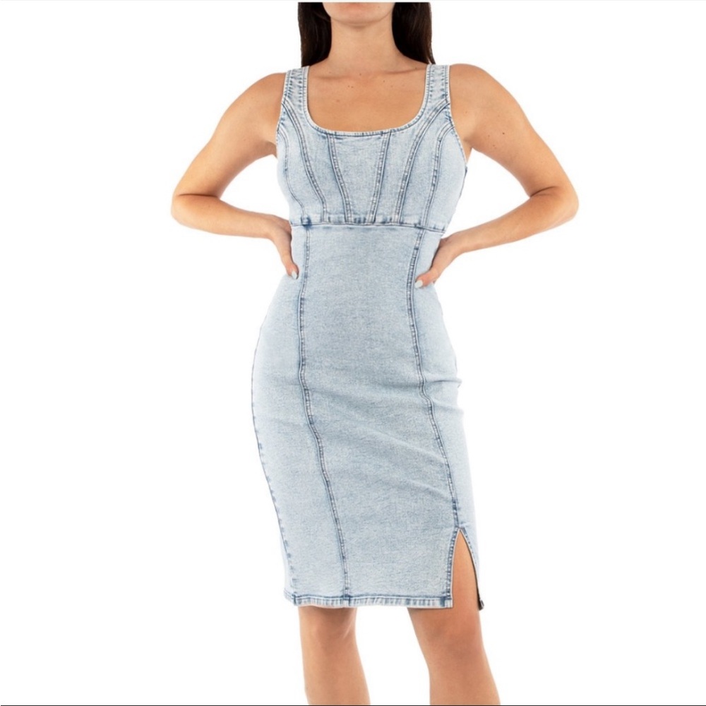 REWASH Bustier Denim Dress | Body-con | Sleeveless | Scoop Neck | Jean | Medium